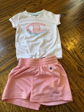 Champion White Tee with Pink & Teal Logo and Pink Mesh Shorts